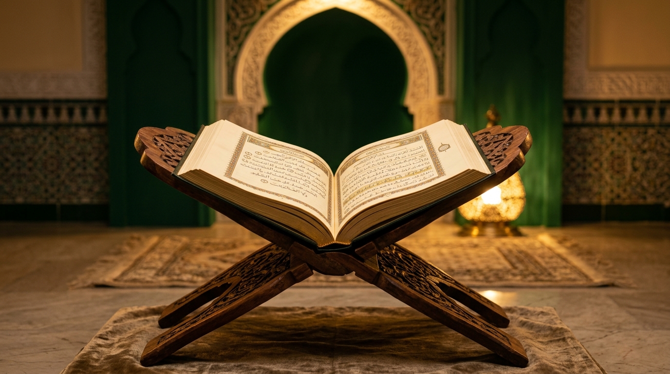 Holy Quran resting on wooden rehal at Al Hadia Online Quran Institute